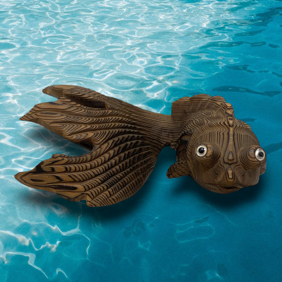 Vintage 1970s Japan Cryptomeria Wood Koi Fish Figurine Statue Burnt Carved - Picture 1 of 7